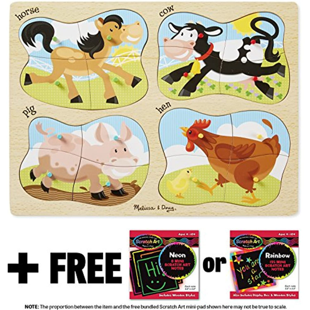 4-in-1 Farm Theme Peg Puzzle + FREE Melissa & Doug Scratch Art Mini-Pad Bundle