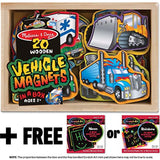 Melissa & Doug Vehicle Wooden 20 Magnets-in-a-Box Gift Set & 1 Scratch Art Mini-Pad Bundle (08588)