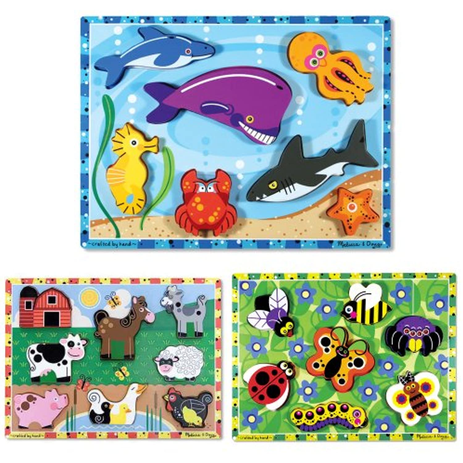 Melissa & Doug Sea Life, Farm, and Insects Wooden Chunky Puzzle Bundle (Set of 3)