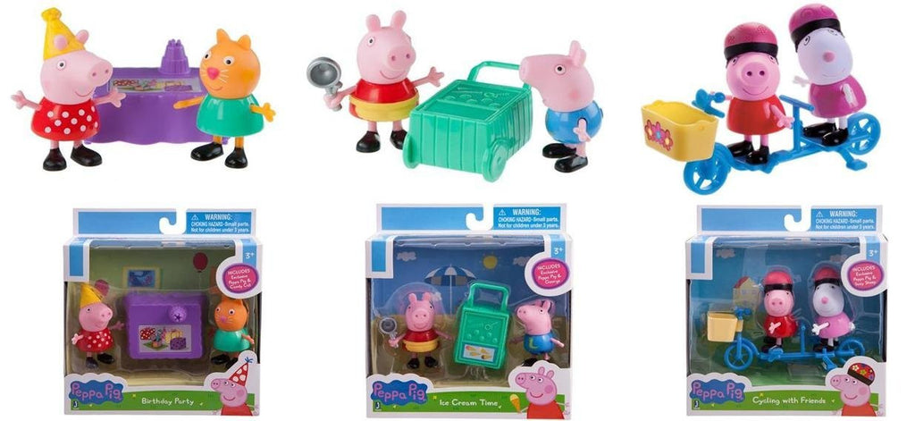 Peppa Pig 3" 2 Pack Figures x 3 set (Peppa & George Ice Cream Time, Peppa & Candy Cat Birthday Party, and Peppa & Susy Sheep Bicycling)