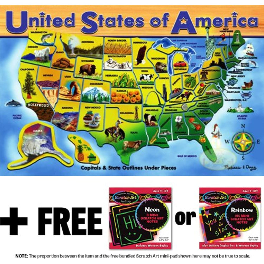 Deluxe Wooden USA Map Puzzle 'Map of the United States' 500-Piece Cardboard Jigsaw Puzzle + FREE Melissa & Doug Scratch Art Mini-Pad Bundle [37976]