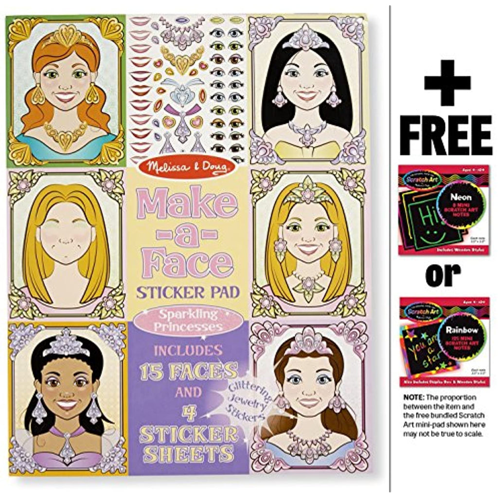Melissa & Doug Make-a-Face Sparkling Princesses Sticker Pad & 1 Scratch Art Mini-Pad Bundle (09433)
