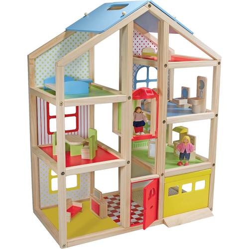 Melissa & Doug Hi-Rise Wooden 15pc Dollhouse with Furniture, Garage and Working Elevator