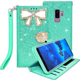 Samsung Galaxy S9 Plus Diamond Bow Glitter Leather Wallet Case Cover Light Green