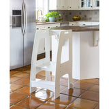 Guidecraft Step Up Kitchen Helper - White: Adjustable Height, Wooden Cooking Step Stool With Safety Rails For Little Kids - Toddler Learning Furniture