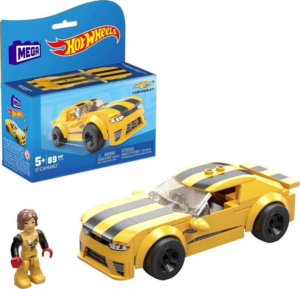 Mega Hot Wheels ’17 Camaro Real Racecar Building Set with 89 Pieces with Micro Figure Driver Figure, Toy Gift Set for Ages 5 and up