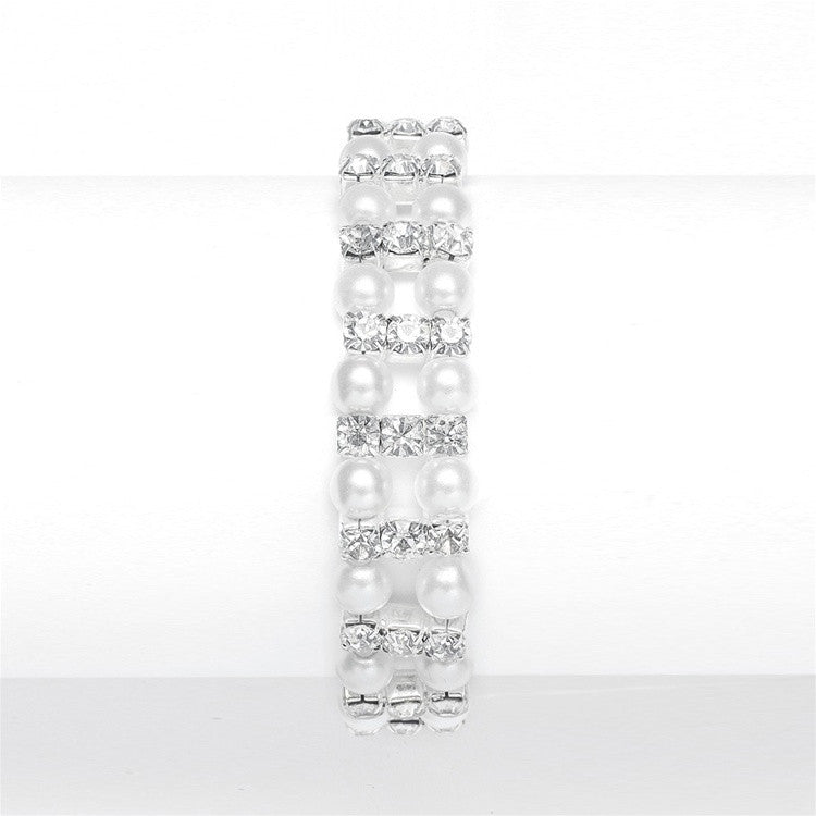 White Pearl & Rhinestone Stretch Bracelet 801B-W-S