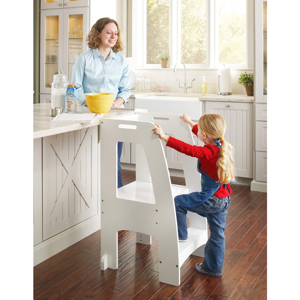 Guidecraft Step Up Kitchen Helper - White: Adjustable Height, Wooden Cooking Step Stool With Safety Rails For Little Kids - Toddler Learning Furniture