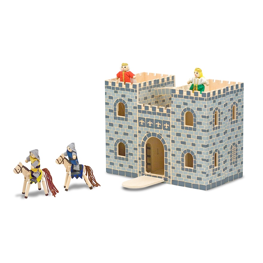 Melissa & Doug Fold and Go Wooden Castle Dollhouse With Wooden Dolls and Horses (12pc)