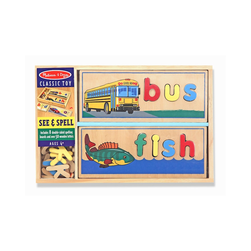 Melissa & Doug See & Spell Wooden Educational Toy With 8 Double-Sided Spelling Boards and 64 Letters