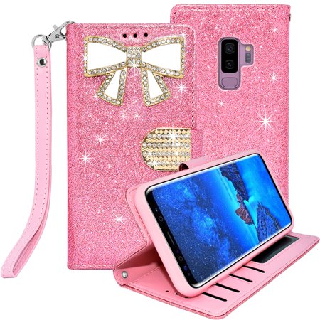 Samsung Galaxy S9 Plus Diamond Bow Glitter Leather Wallet Case Cover Pink