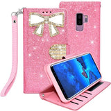 Samsung Galaxy S9 Plus Diamond Bow Glitter Leather Wallet Case Cover Pink