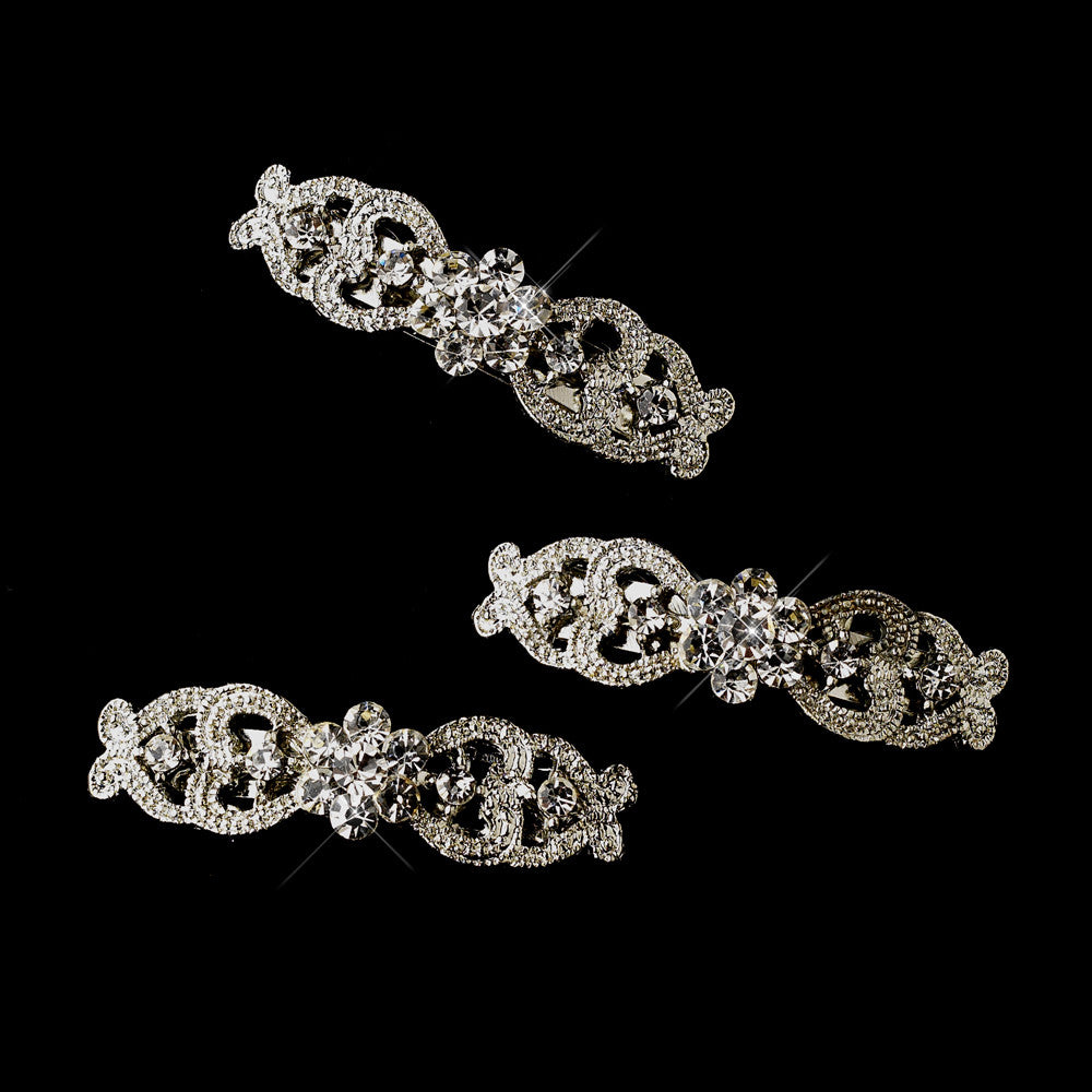 Vintage Rhodium Silver Rhinestone Flower Barrette 0050  (Set of 12)