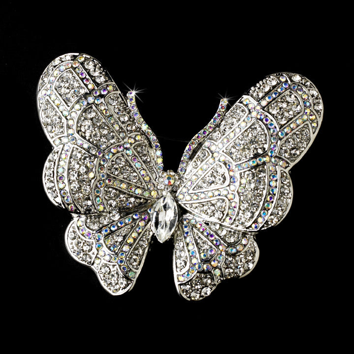 Rhodium Silver Rhinestone Aurora Borialis Butterfly Barrette 1024