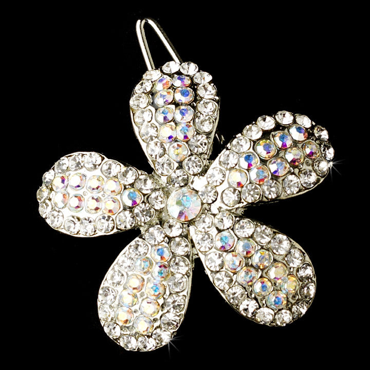 Rhodium Silver Clear & AB Rhinestone flower Barrette 1161