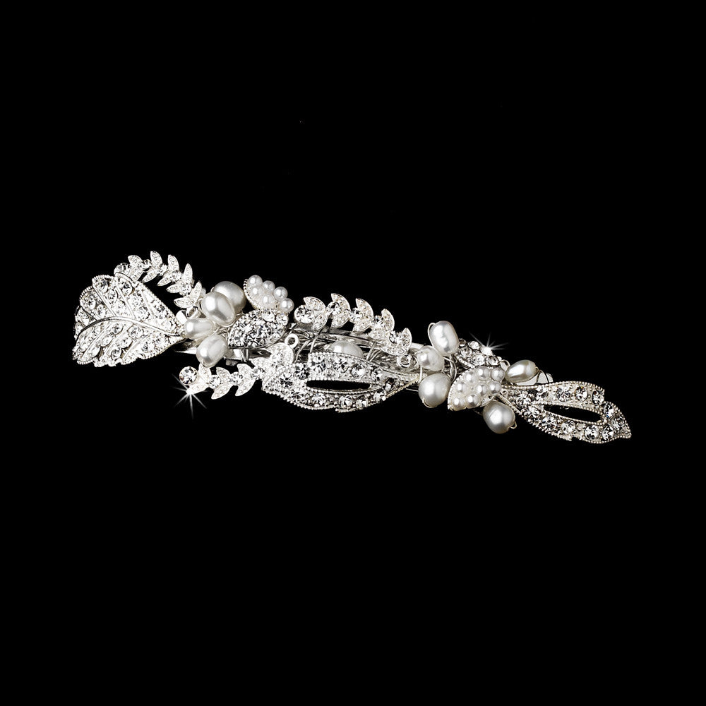 Silver Clear Rhinestone & Fresh water pearl bridal hair Barrette 3102