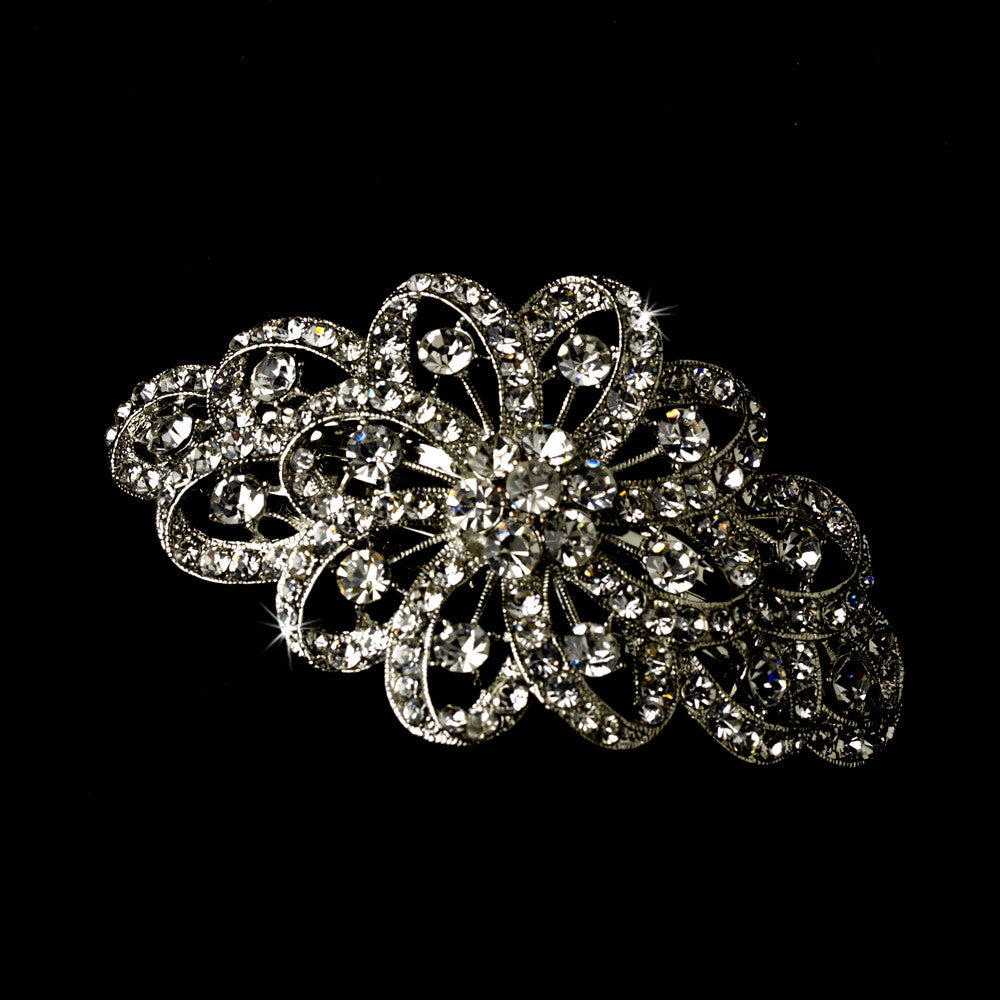 Rhodium Silver Clear Large Ribbon Corsage Barrette 5010