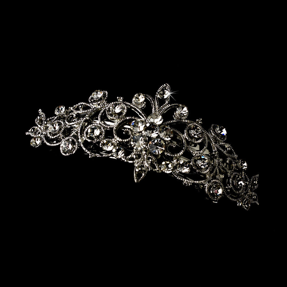 Rhodium Silver Clear Fleur Swirl Barrette 5050