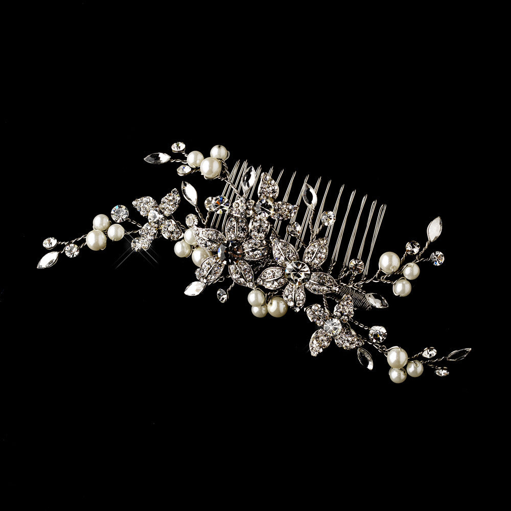 Rhinestone & Pearl Vintage Floral Vine Bridal Hair Comb 597