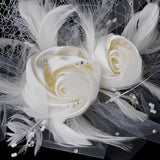 Twin Matte Satin & Feather Flower Fascinator on Russian Tulle Style Birdcage Veil in White or Ivory 1139