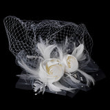 Twin Matte Satin & Feather Flower Fascinator on Russian Tulle Style Birdcage Veil in White or Ivory 1139