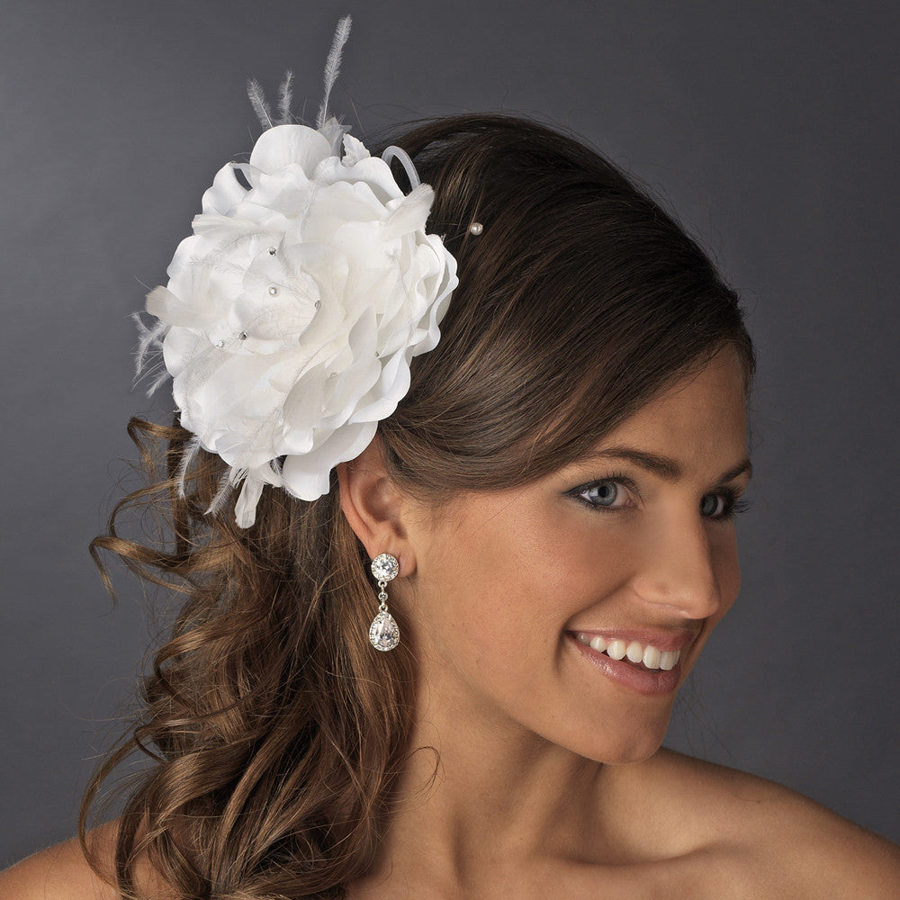 Bridal Flower Headpiece with Crystals & Feathers Clip 1142 White or Ivory