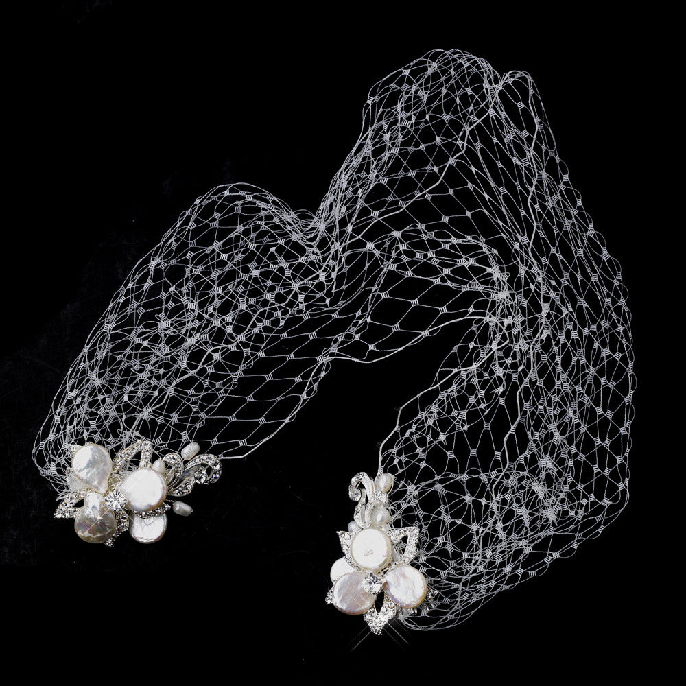 Ivory Russian Birdcage Tulle Headband Veil & Keshi Pearl Flower Combs 1144