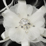 Rhinestone Feather Ribbon Brooch Pin with Fascinator Clip 2531 (White or Ivory)