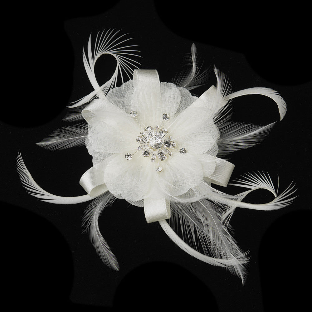 Rhinestone Feather Ribbon Brooch Pin with Fascinator Clip 2531 (White or Ivory)