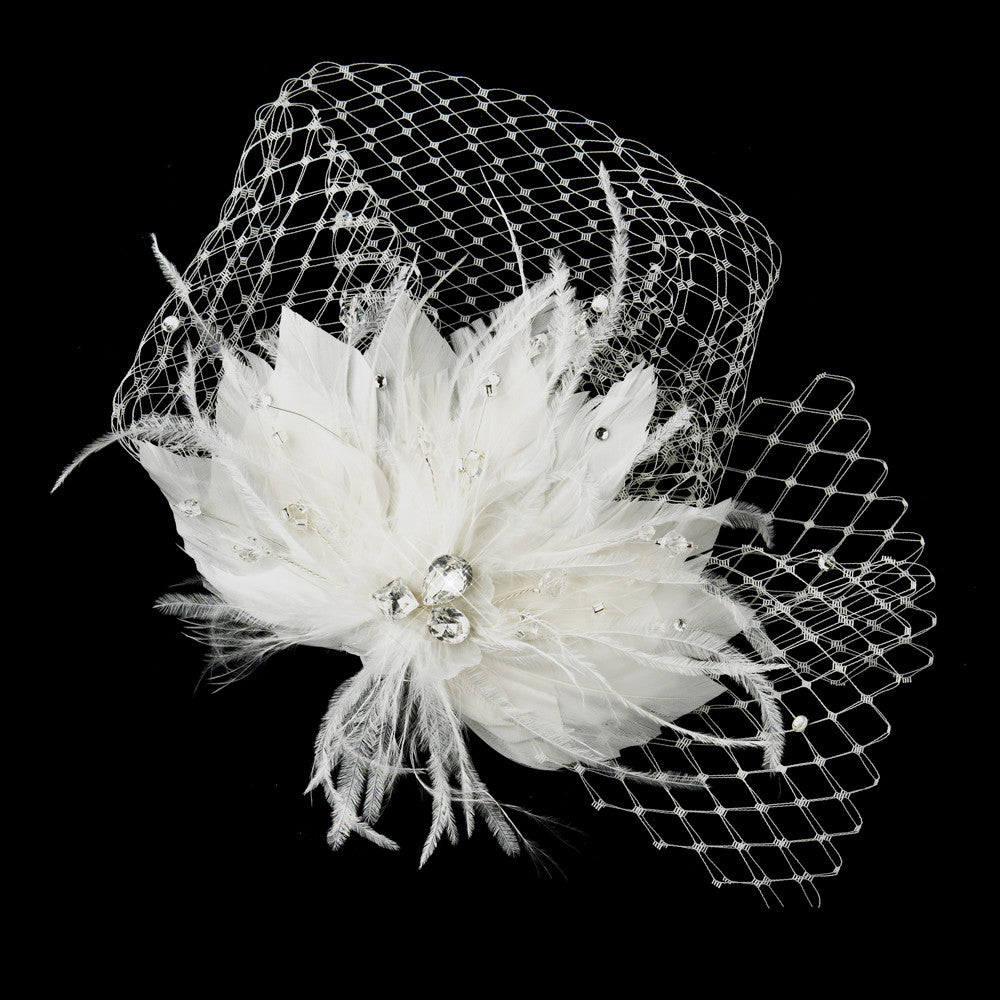 Rhinestone & Crystal Bead Feather Flower Fascinator Hair Clip with Russian Tulle 2542