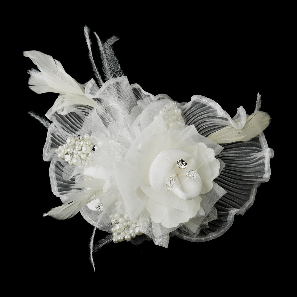 Flower Feather Fascinator Hair Clip 3539 or Bridal Brooch (Pin Included on Back) Ivory or White