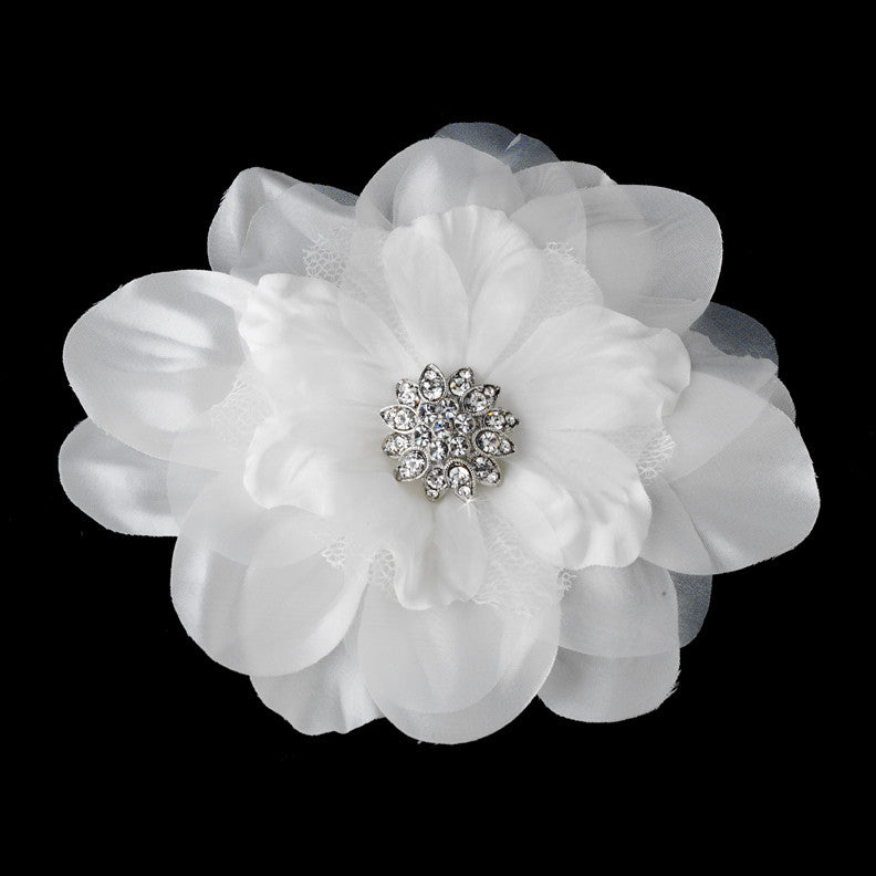 Beautiful Crystal Accented Flower Hair Clip  426 White or Ivory