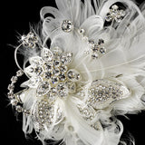 Fabulous White or Ivory Feather Bridal Hair Clip or Clip Brooch w/ Silver Clear Rhinestones 458