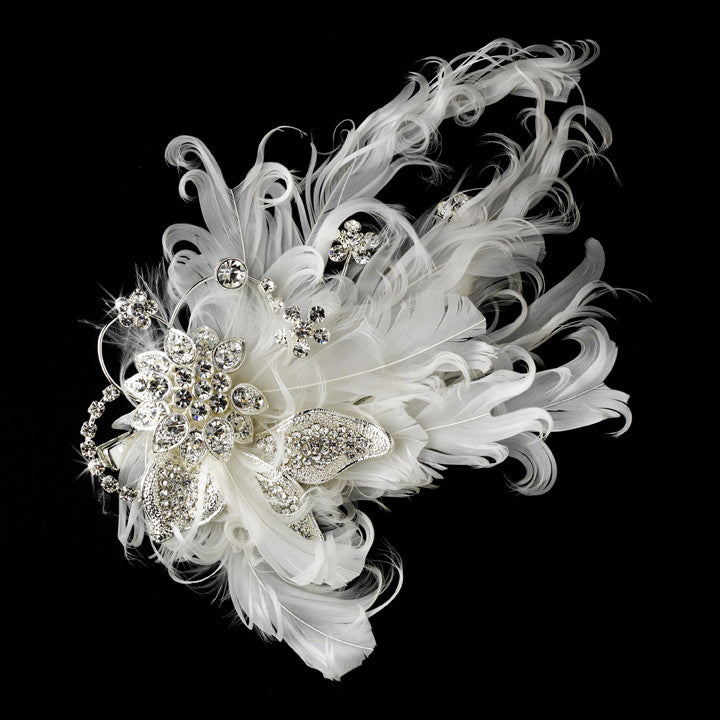 Fabulous White or Ivory Feather Bridal Hair Clip or Clip Brooch w/ Silver Clear Rhinestones 458