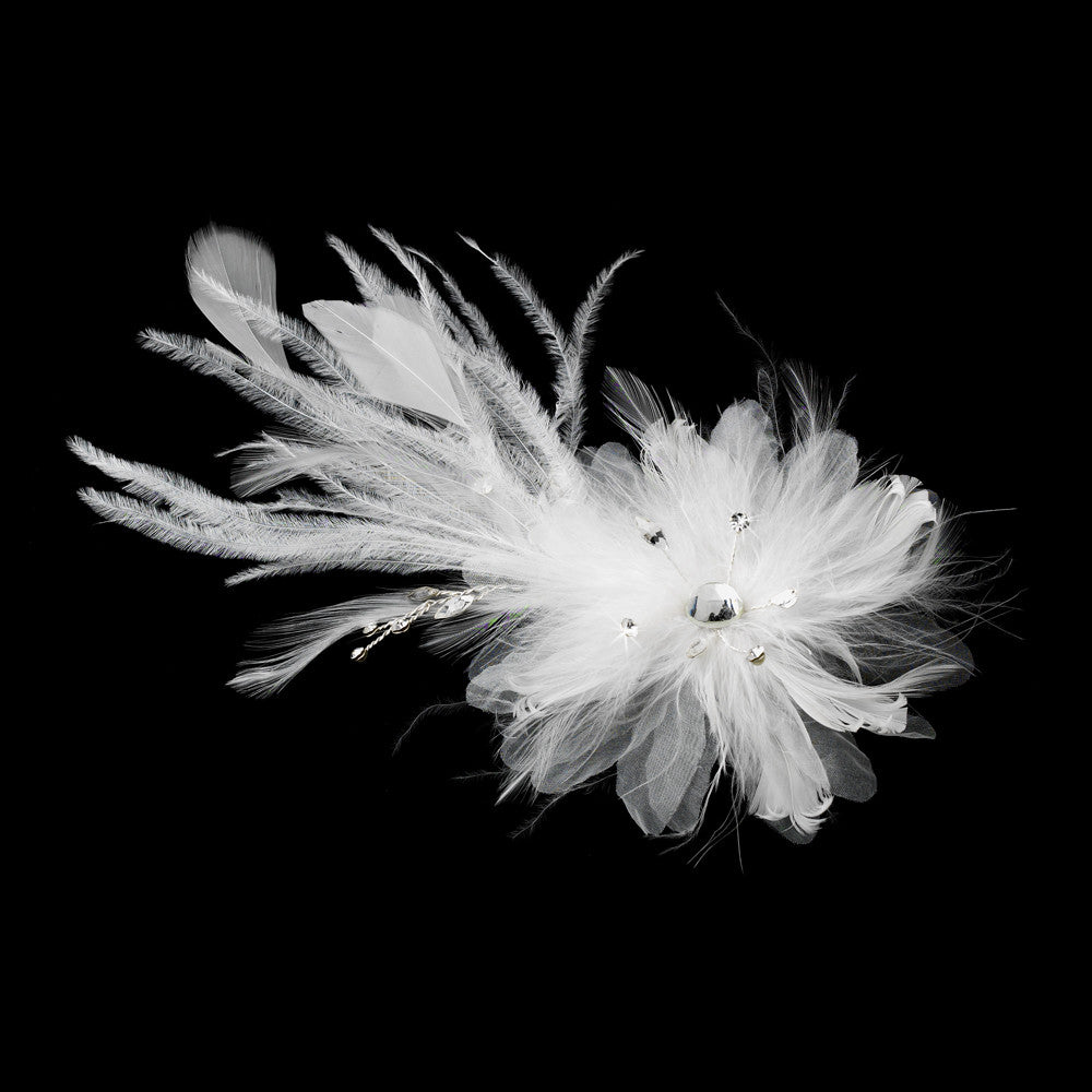 Stunning White or Ivory Feather & Clear Rhinestone Flower Hair Clip 4632