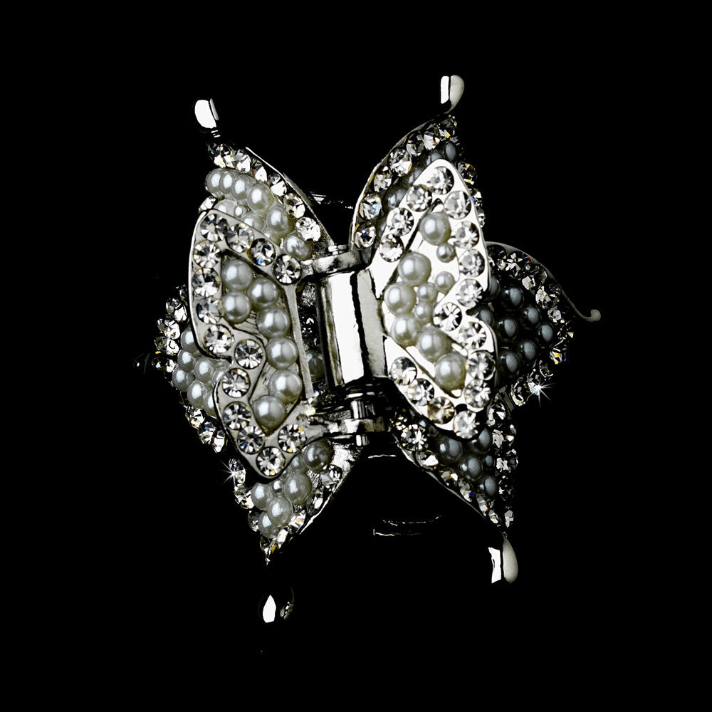 Silver Plated Hair Clip with Ivory Pearls & Sparkling Rhinestones 463