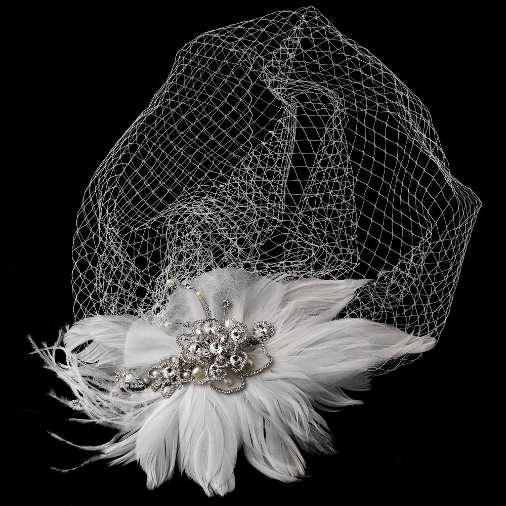Vintage Couture Feather Bridal Headpiece with Bird Cage Veil Clip in White or Ivory 476