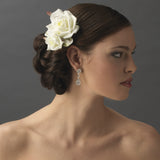Classic Diamond White Pointed Garden Rose Flower Hair Clip w/ Leaves - Clip 512
