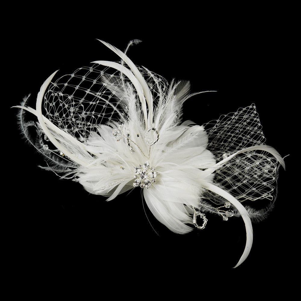 Ivory Flower Feather & Crystal Fascinator Hair Clip 518