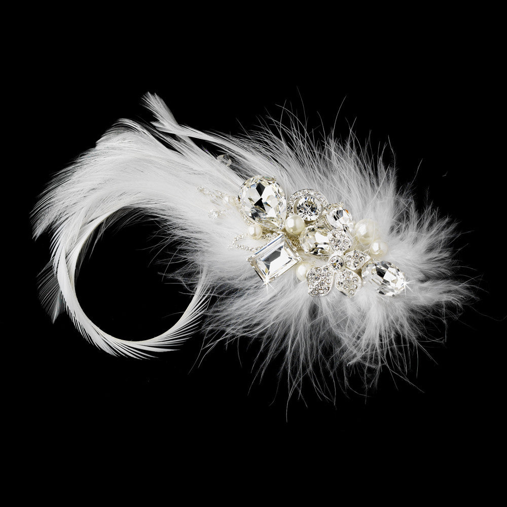 Extraordinary White or Ivory Feather & Clear Rhinestone Bridal Hair Clip 5282