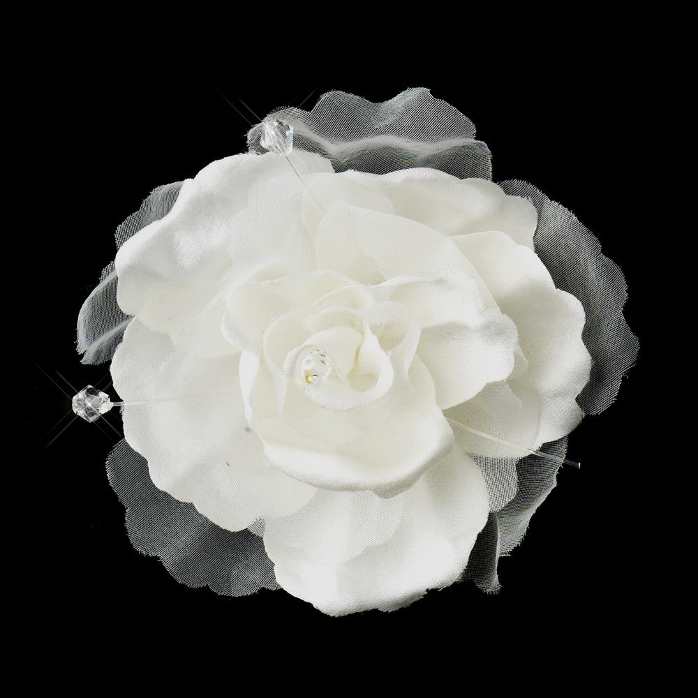 Fabric Flower & Swarovski Crystal AB Accent Clip 5284 (Ivory or White)