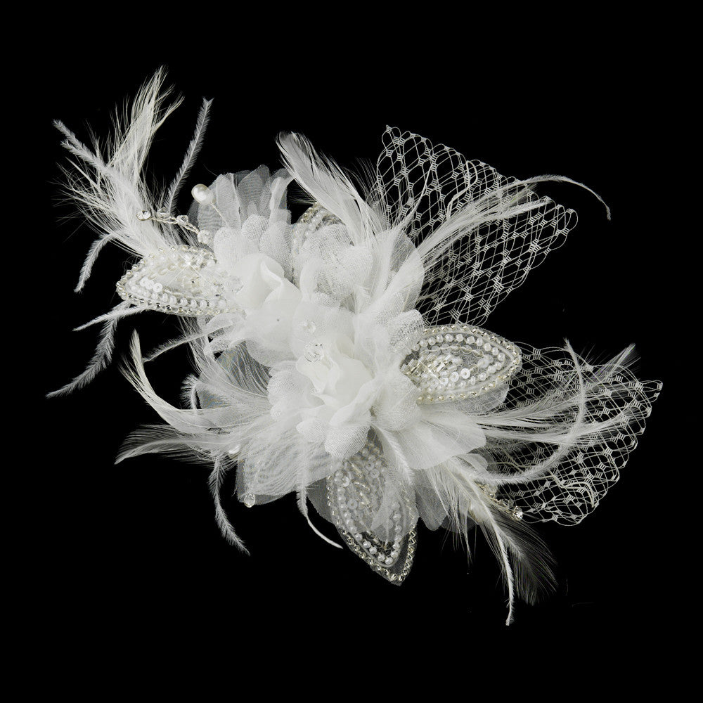 Crystal & Freshwater Pearl Feather Bridal Flower Hair Clip 5286