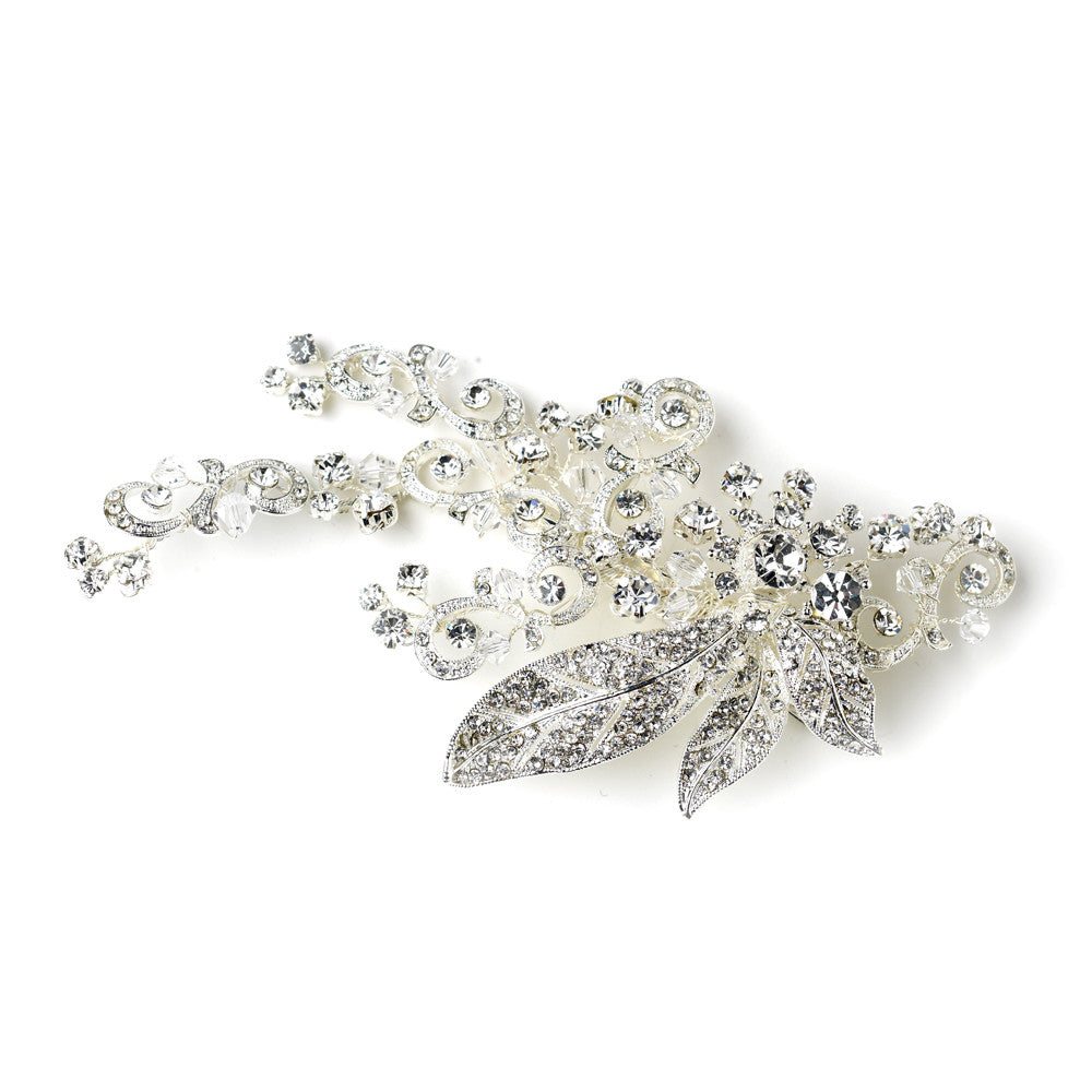 Sparkling Rhinestone Covered Leaf Swirl Hair Clip 9515 (Silver or Antique Silver)