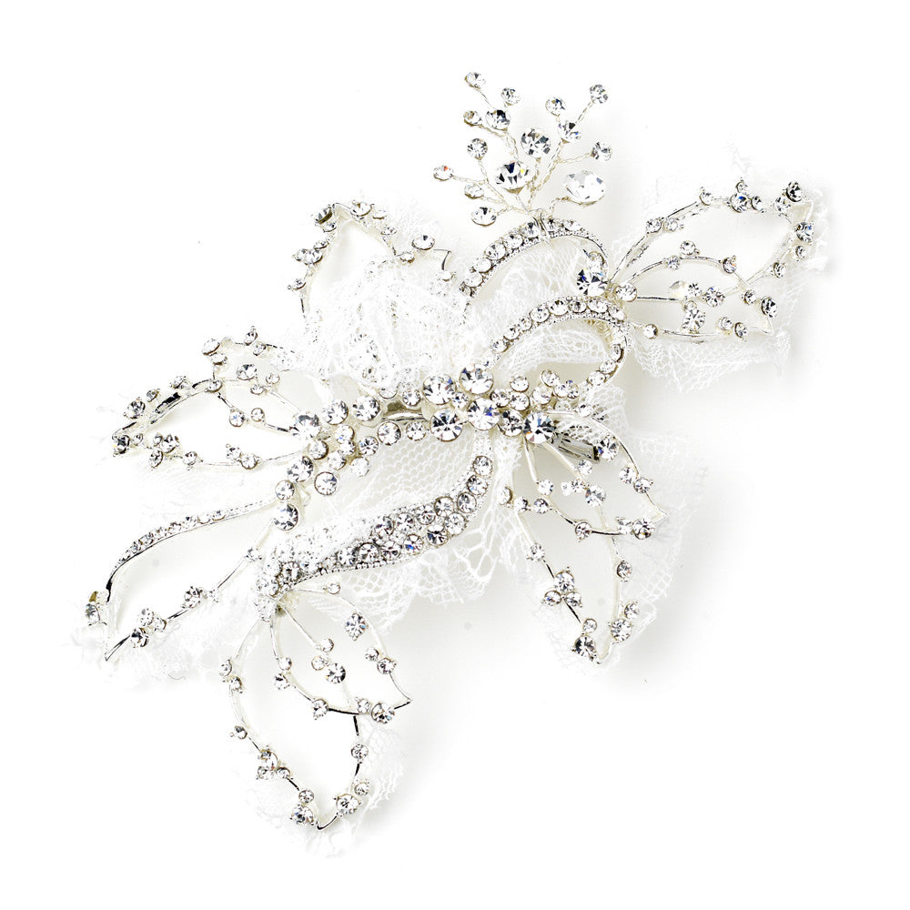 Delicate Ivory- Lace & Rhinestone Bridal Leaf Hair Clip 9632
