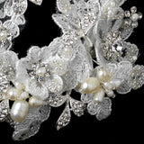 Silver Fabric Freshwater Pearl & Rhinestone Flower Hair Clip 9634