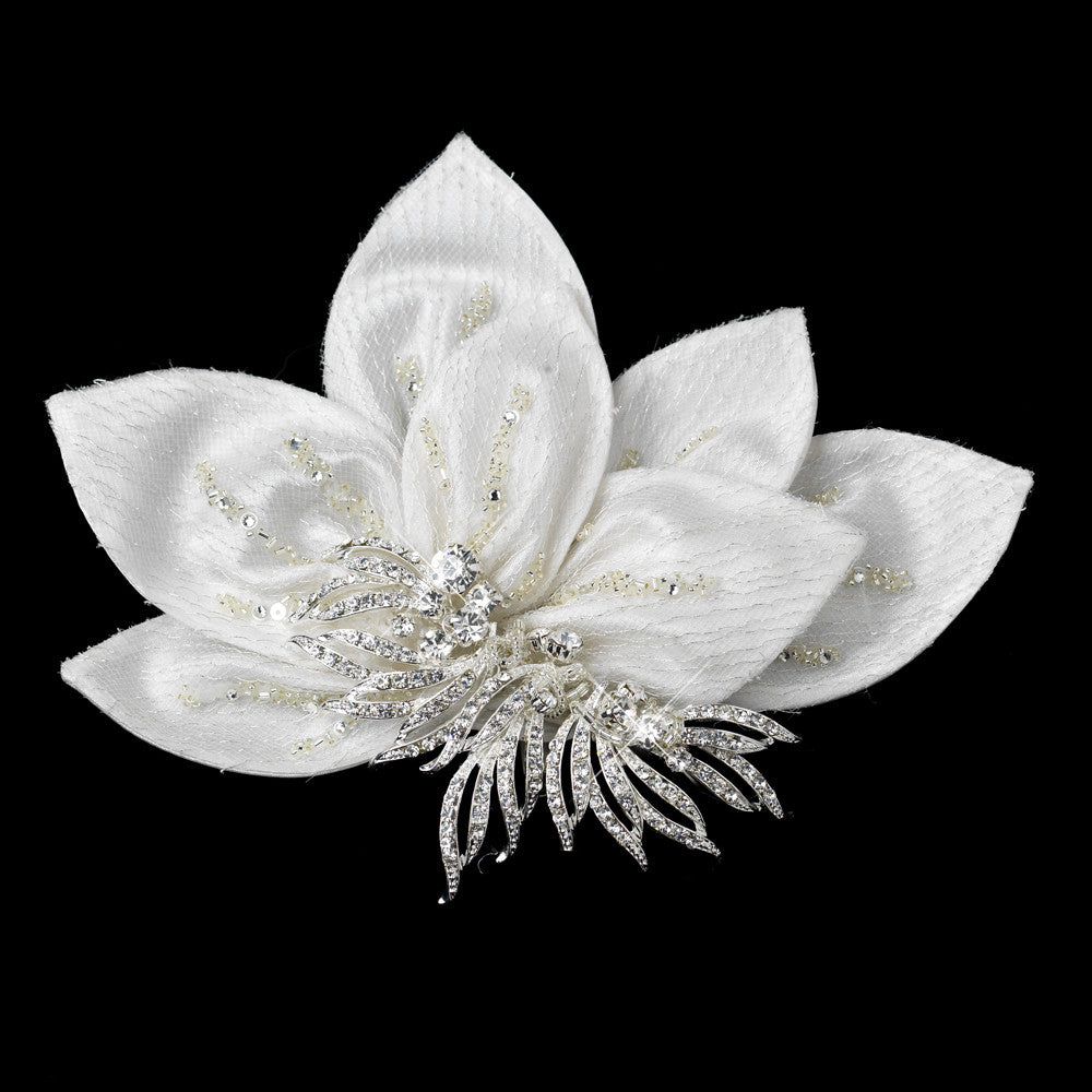 Ornate Ivory Floral Hair Clip with Rhinestone Accentuations 9635