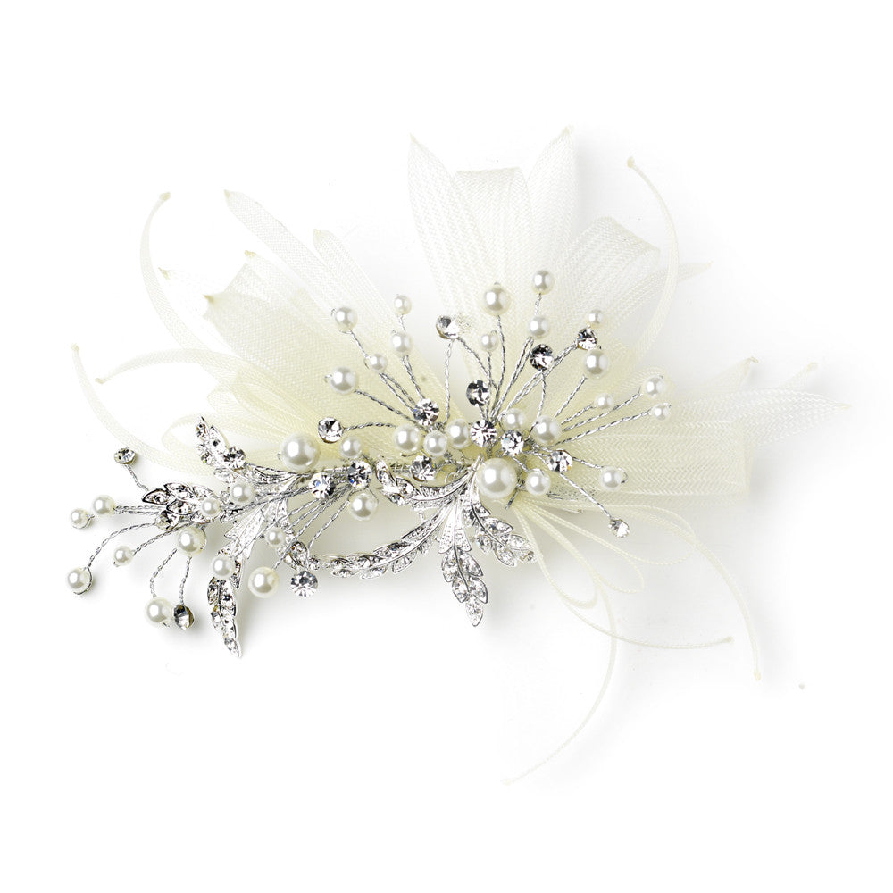 Silver Ivory Pearl, Rhinestone & Ribbon Design Hair Clip 9637