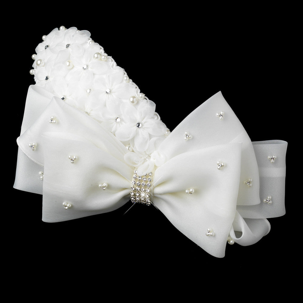 Silver Ivory Pearl & Rhinestone Accented Bow Hair Clip 9638