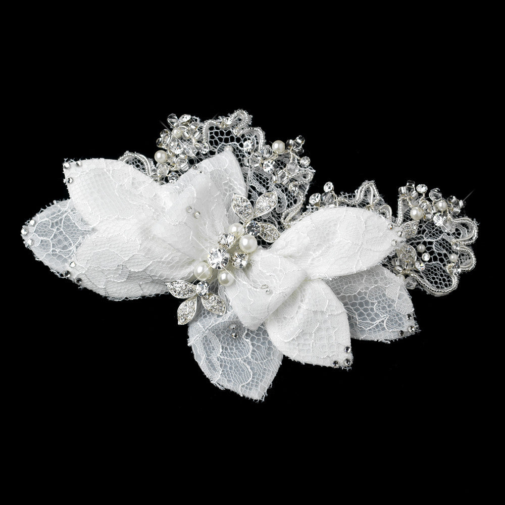 Pearl, Rhinestone & Bugle Bead Accent Flower Hair Clip 9642