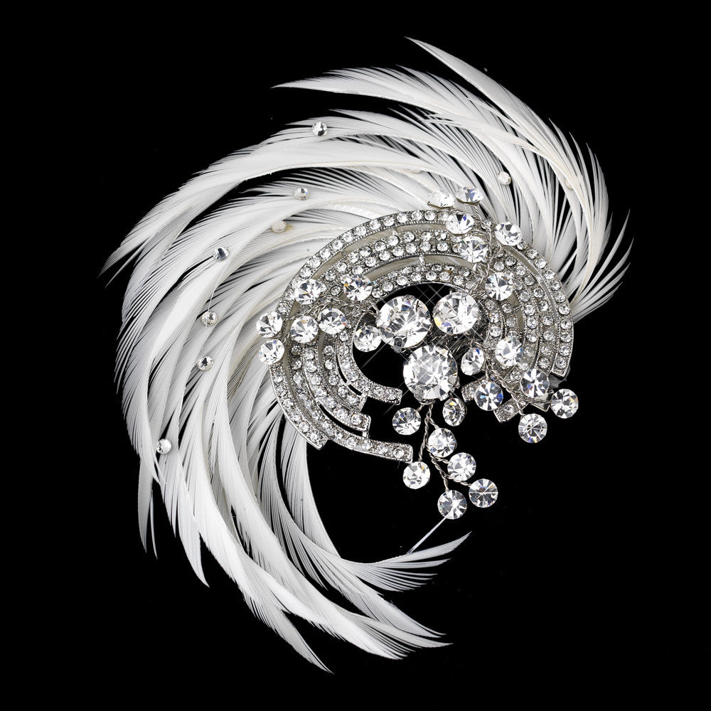 Antique Silver Rhodium Crystal & Ivory Feather Fascinator Clip 9938